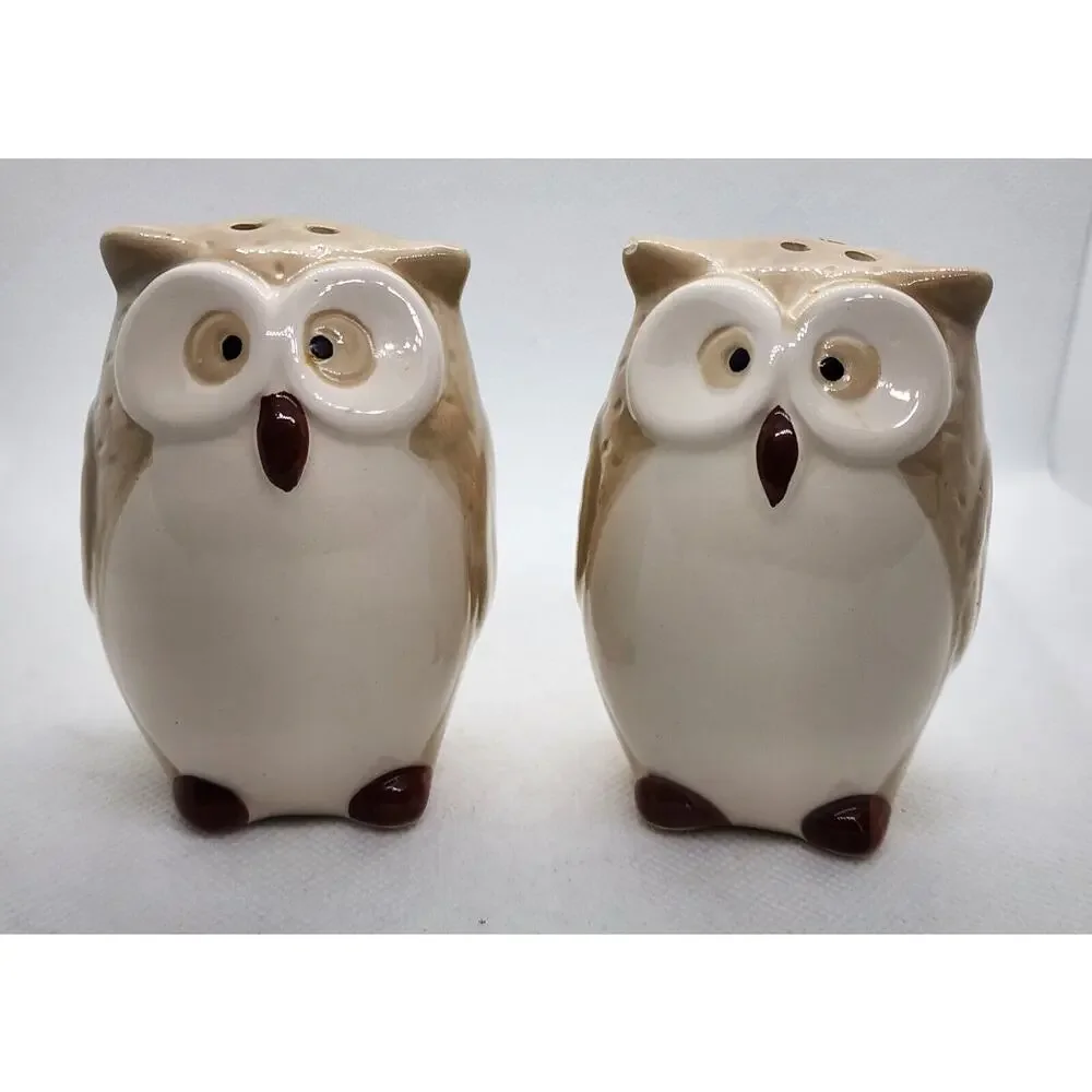 Pier 1 Owl Salt & Pepper Shaker Set Ceramic Beige Brown White Kitchen Decor